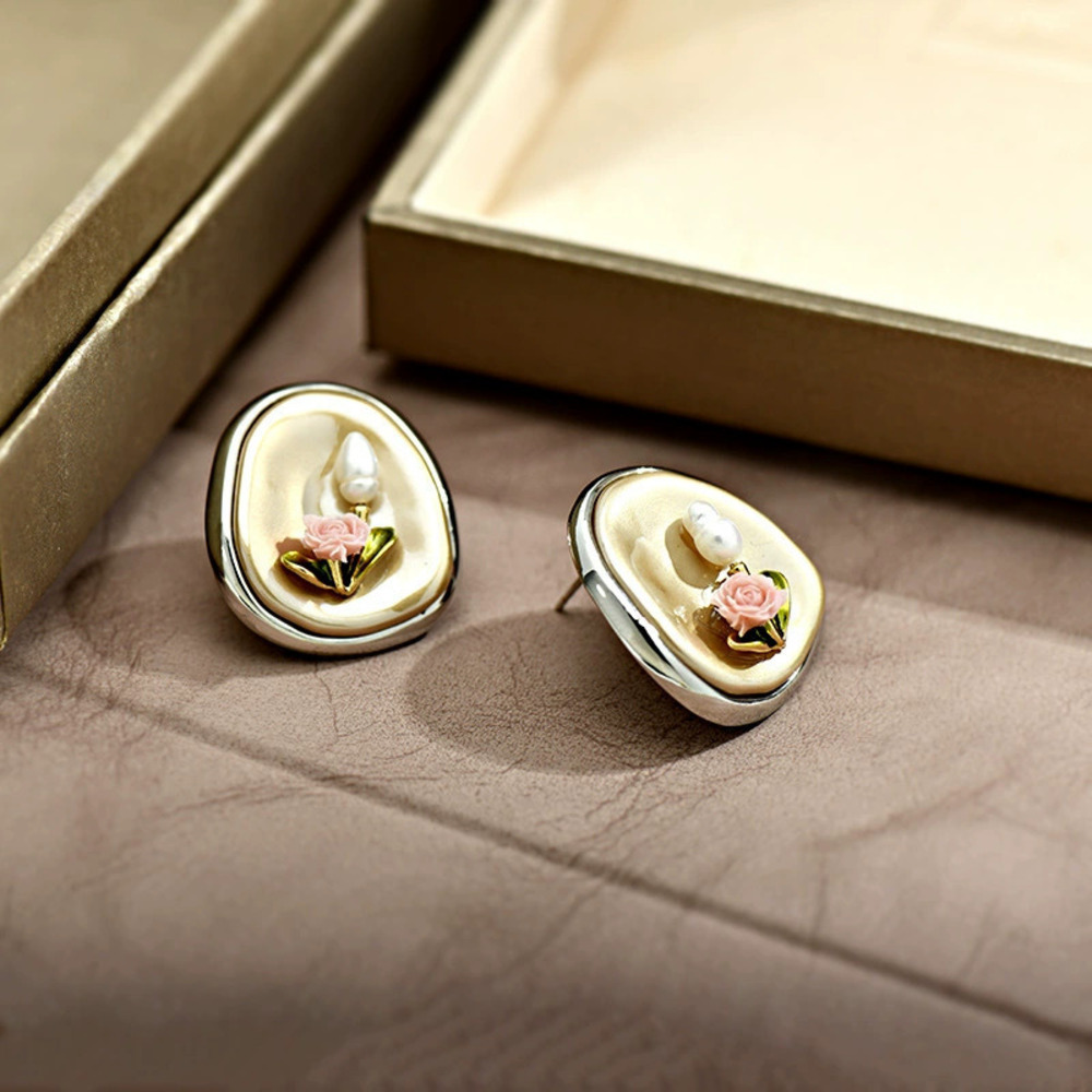 vintage Earrings 3D Pink Rose Natural Pearl